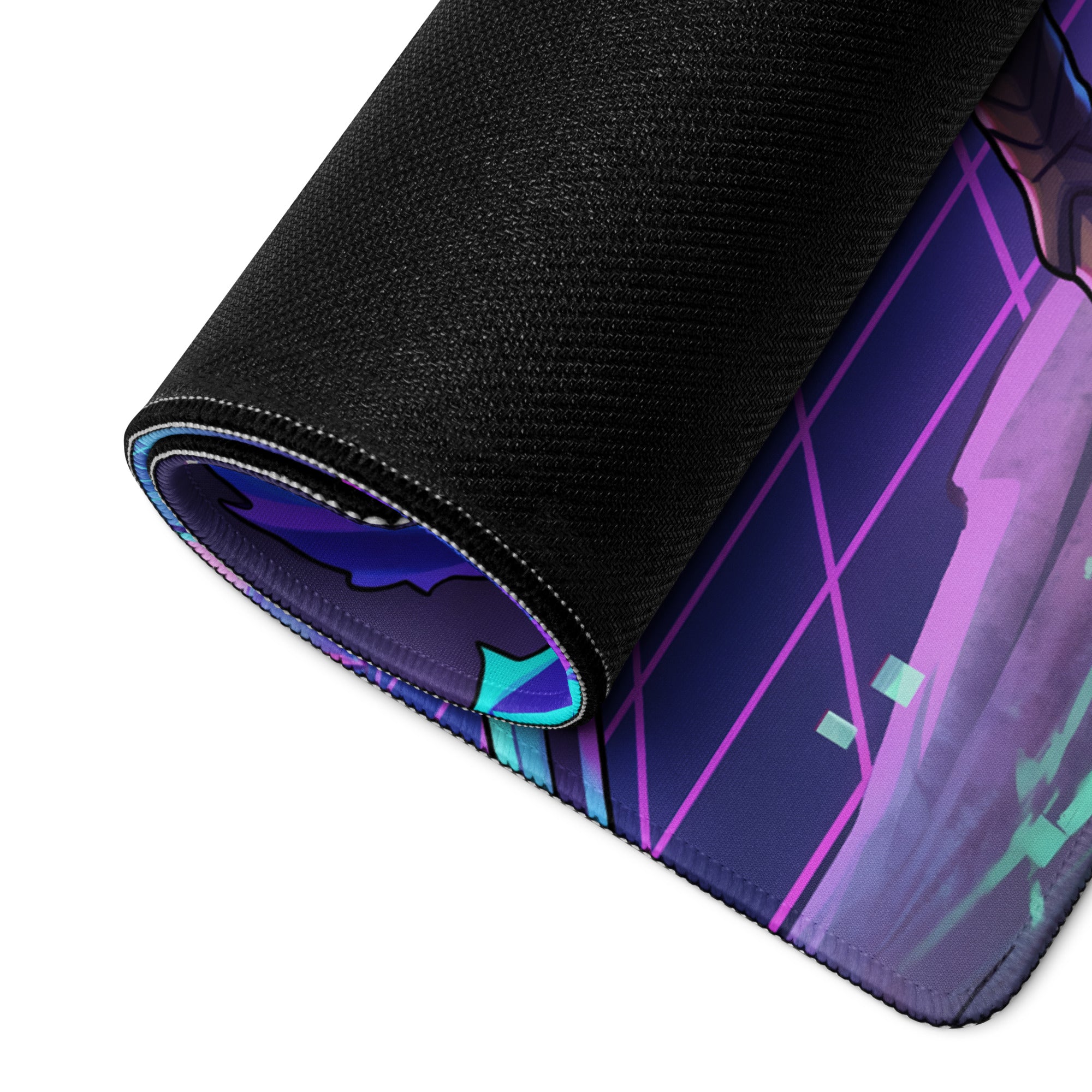A rolled-up gaming mousepad featuring a vibrant vaporwave knight anime design with purple pink and teal geometric patterns