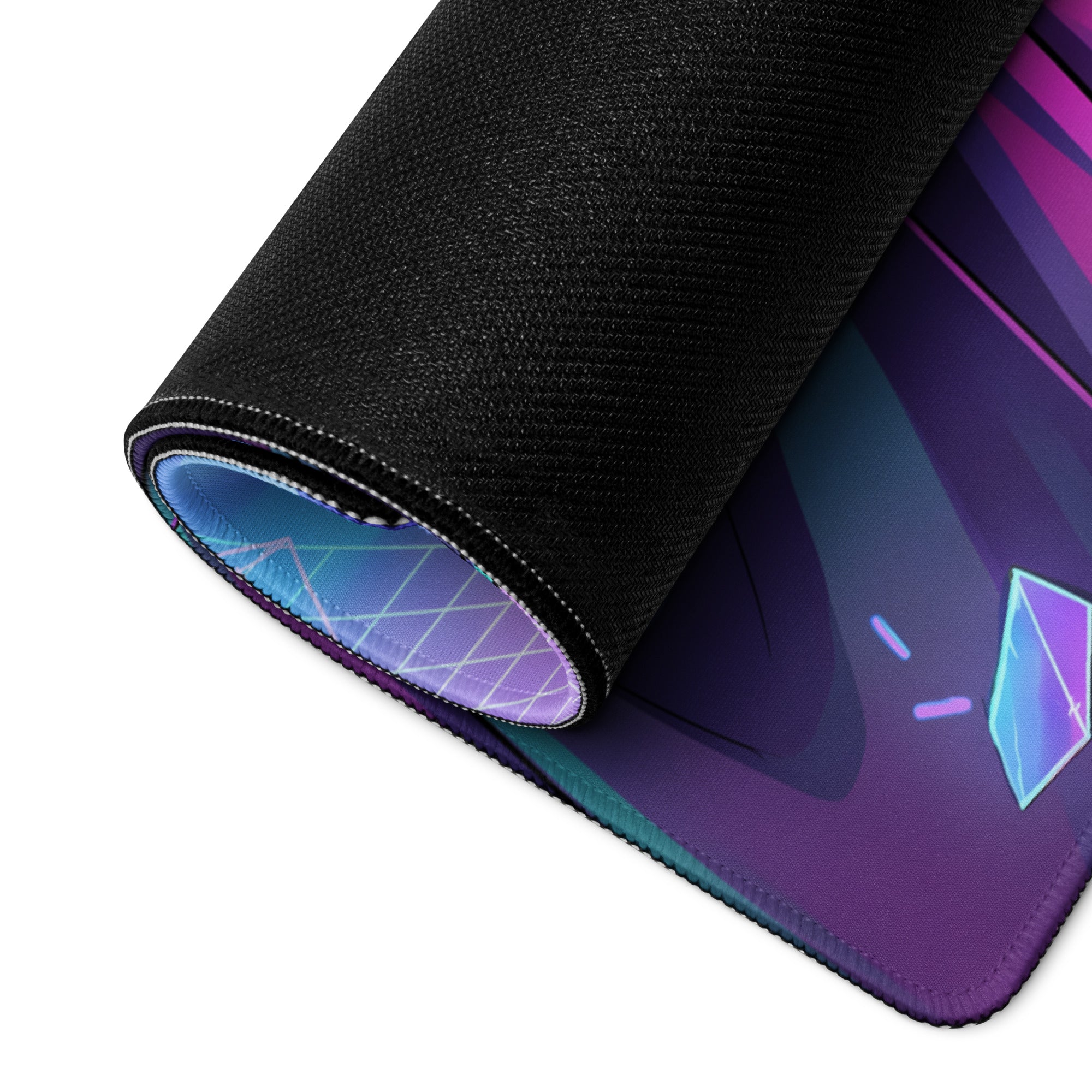 A rolled-up neon vaporwave gaming mouse pad with purple blue geometric gradient and black fabric edges
