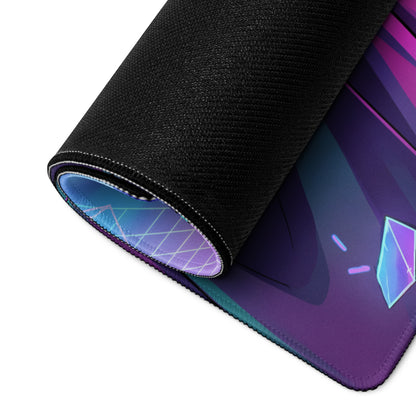 A rolled-up neon vaporwave gaming mouse pad with purple blue geometric gradient and black fabric edges