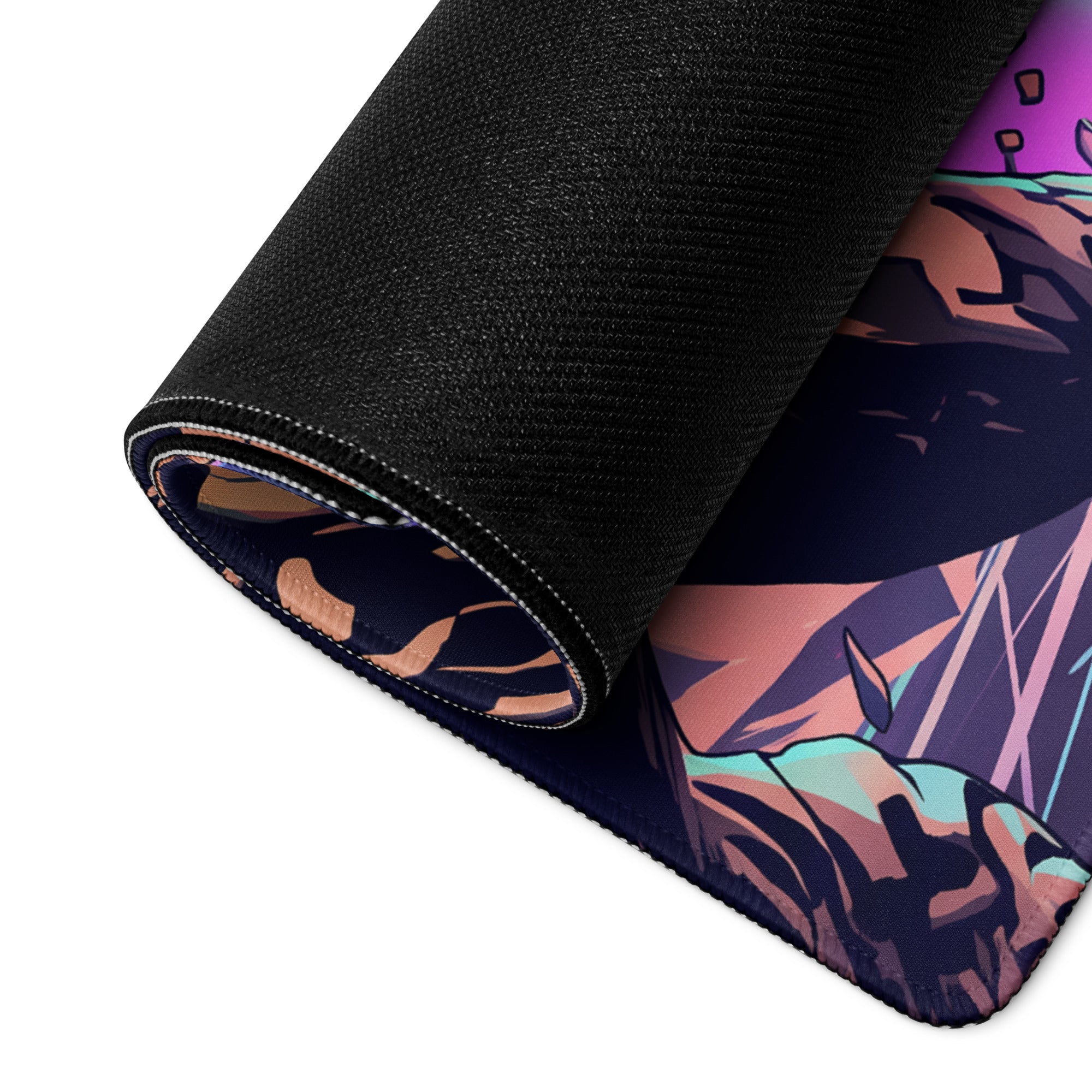 A rolled-up vaporwave neon battle armor mouse pad with vibrant purple pink and teal anime design on black background