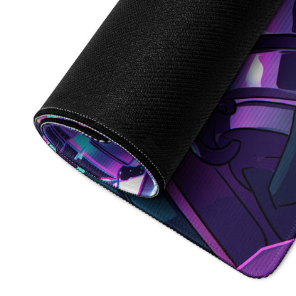 A rolled-up neon vaporwave gaming mouse pad with vibrant purple and teal cyberpunk design and black stitched edges