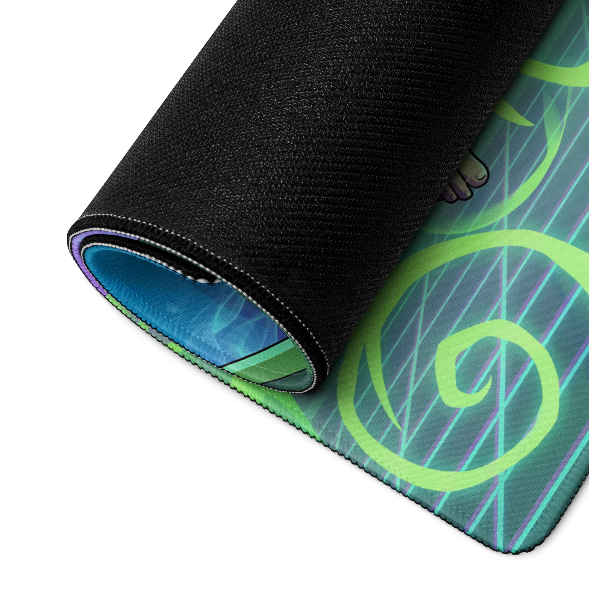 A rolled-up vaporwave archer gaming pad with black textured outer layer and neon green blue glowing spiral design