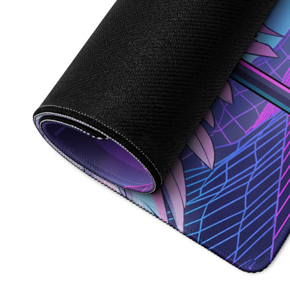 A rolled-up vaporwave neon winged warrior gaming mousepad with vibrant purple pink and blue geometric patterns