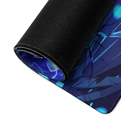 Neon vaporwave large gaming mouse pad rolled up with dark blue black anime design and glowing cyan lightning patterns