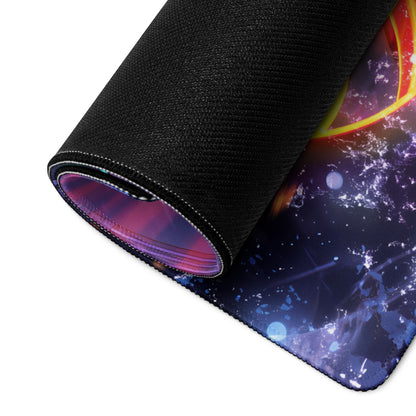 A rolled-up neon vaporwave gaming mouse pad with vibrant purple blue and orange cosmic nebula design on fabric surface