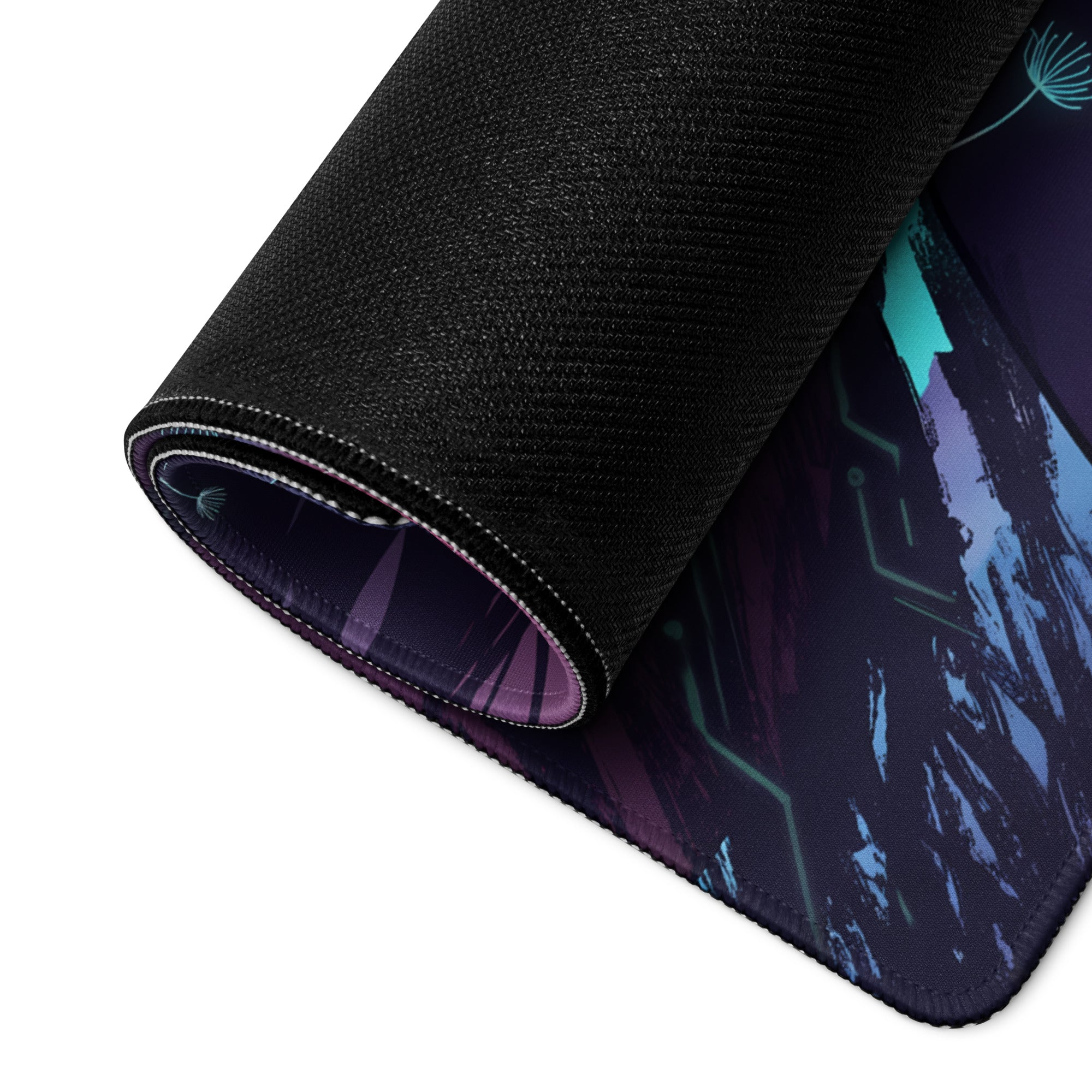 Rolled-up black gaming mousepad with vibrant purple and teal circuit board design for vaporwave neon desk setup
