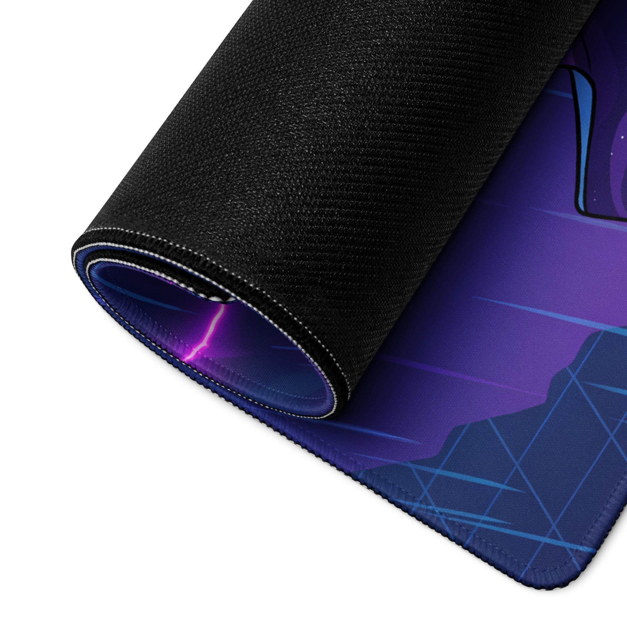 A rolled-up vaporwave neon desk mat with vibrant purple blue cosmic design and black stitched fabric edges