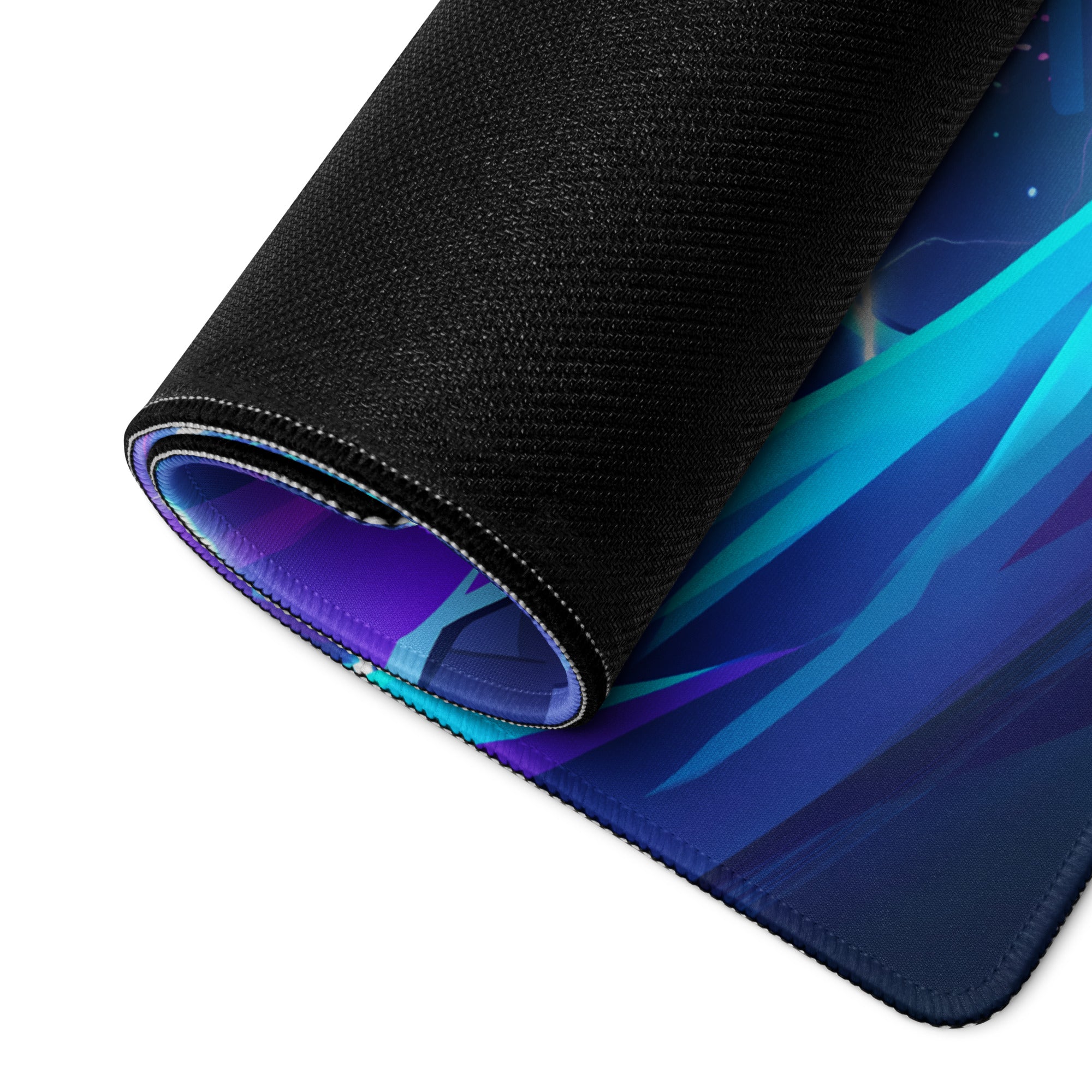 A rolled-up neon vaporwave city hero gaming mouse pad with vibrant cosmic purple blue and electric teal design