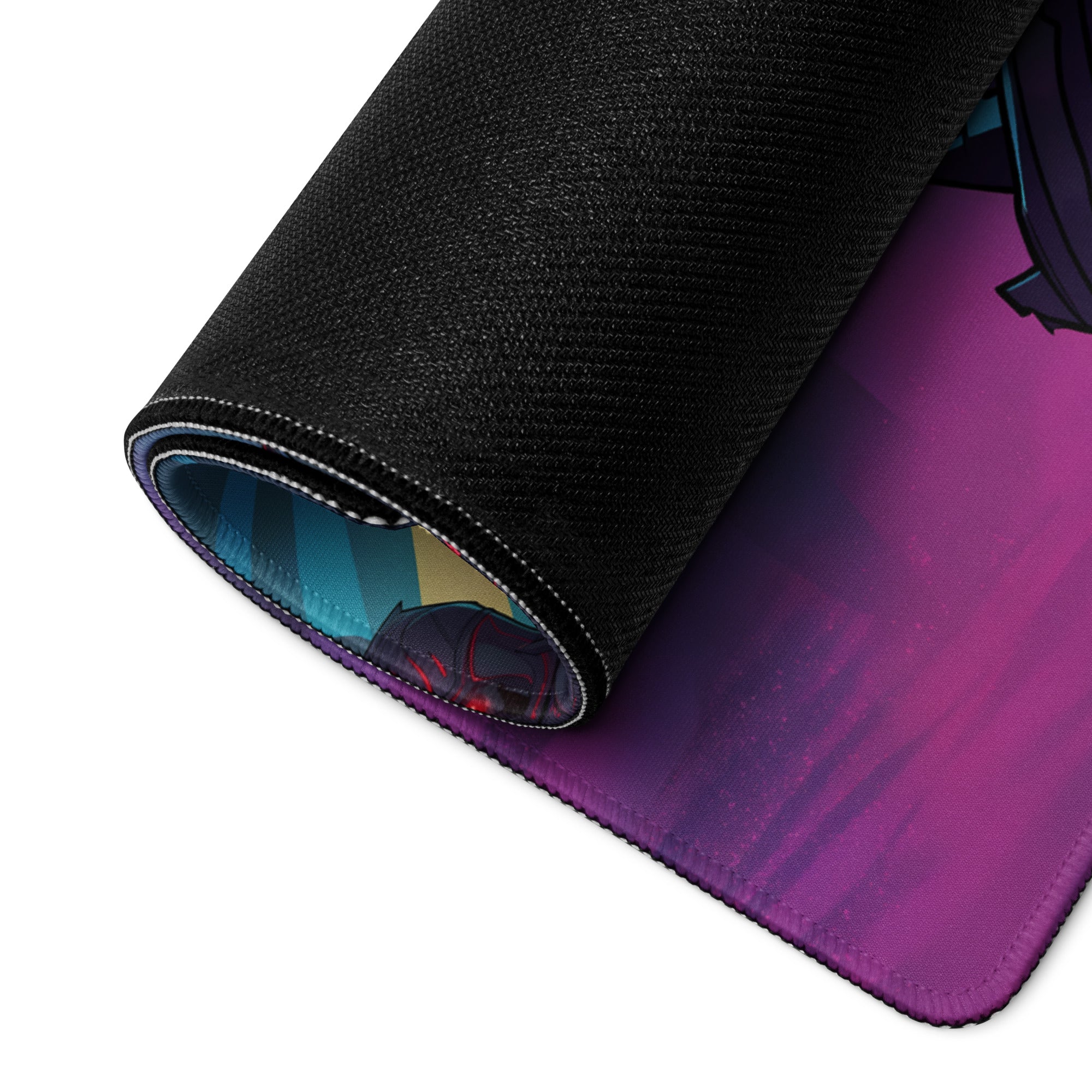 A rolled-up black gaming mousepad with vibrant purple teal gradient and anime-style character for cyberpunk decor