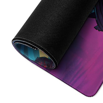 A rolled-up black gaming mousepad with vibrant purple teal gradient and anime-style character for cyberpunk decor