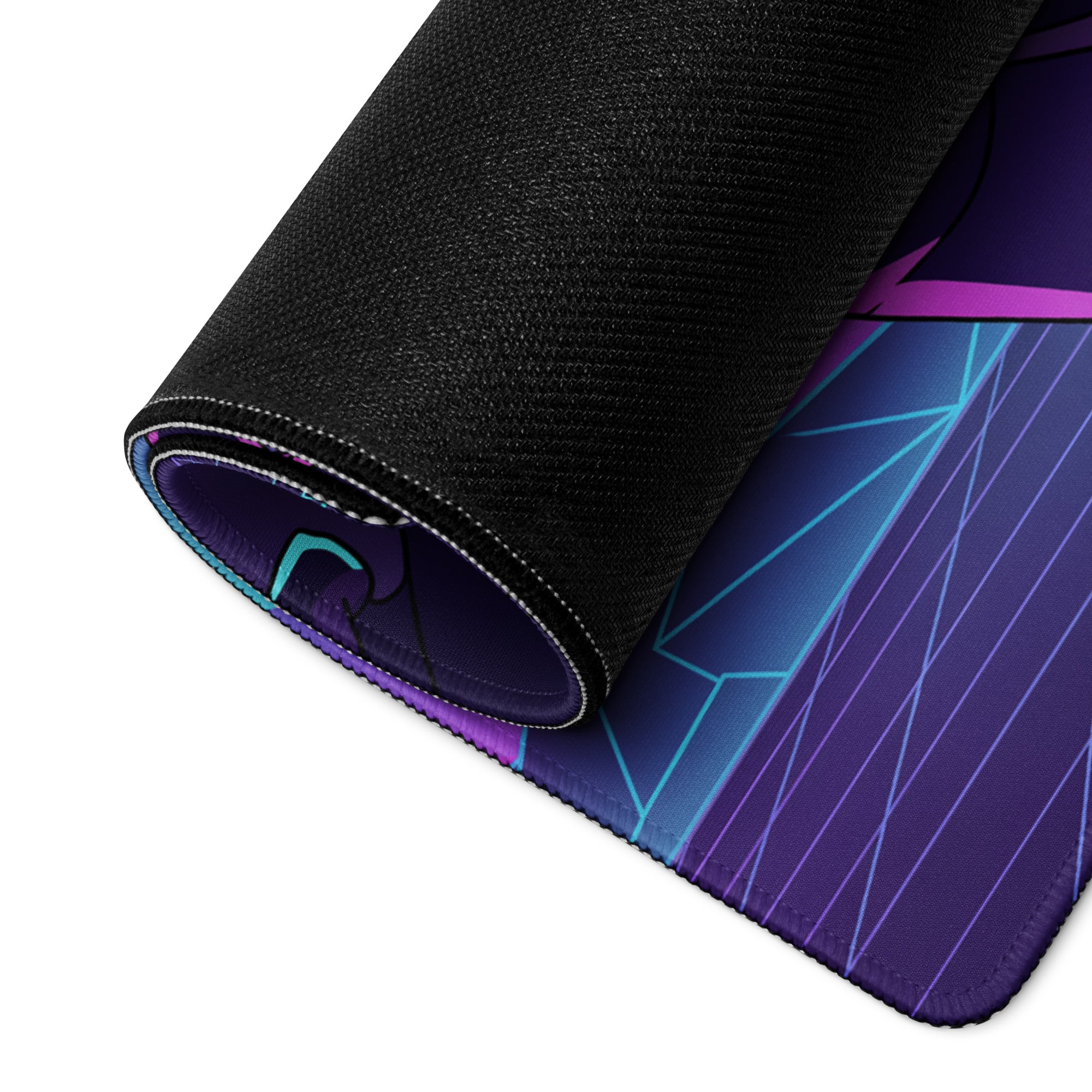 A rolled-up neon knight vaporwave gaming mousepad with black textured surface and purple blue teal geometric patterns