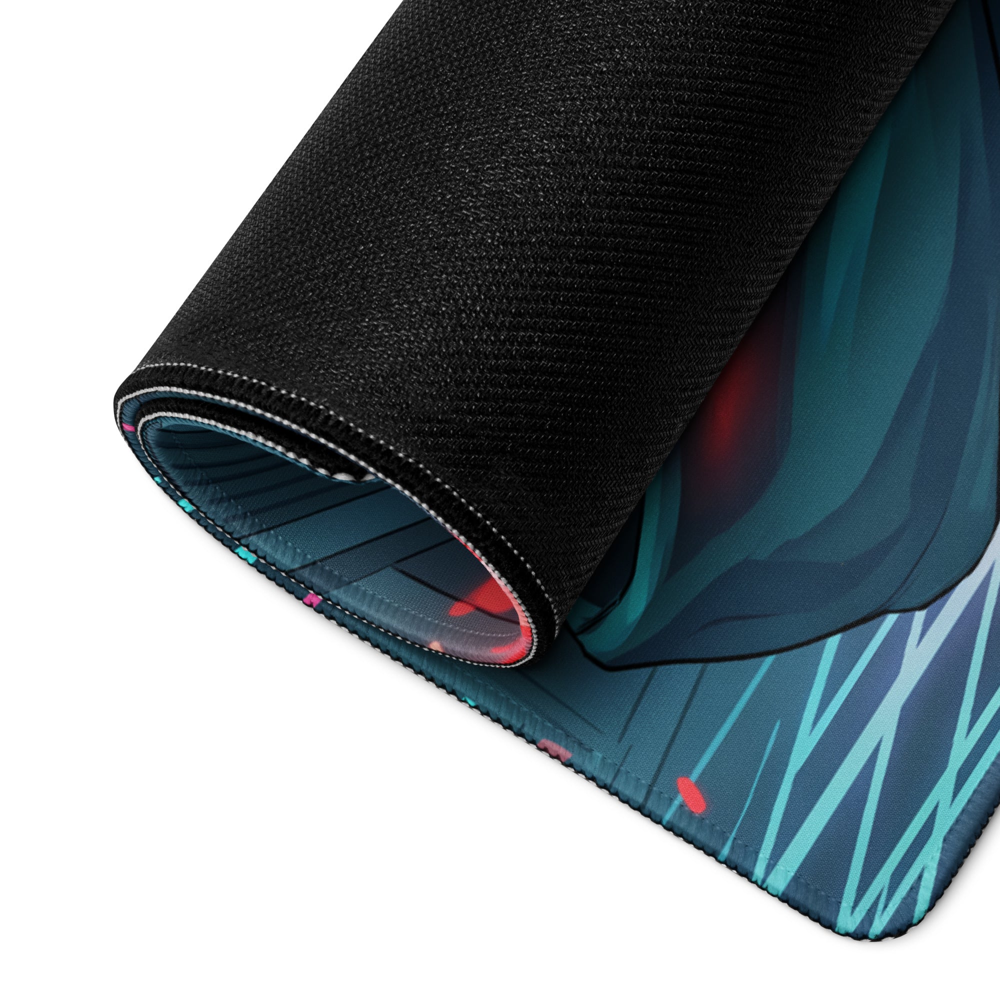 A rolled-up black gaming mousepad with a vibrant neon samurai anime design in teal blue and red accents
