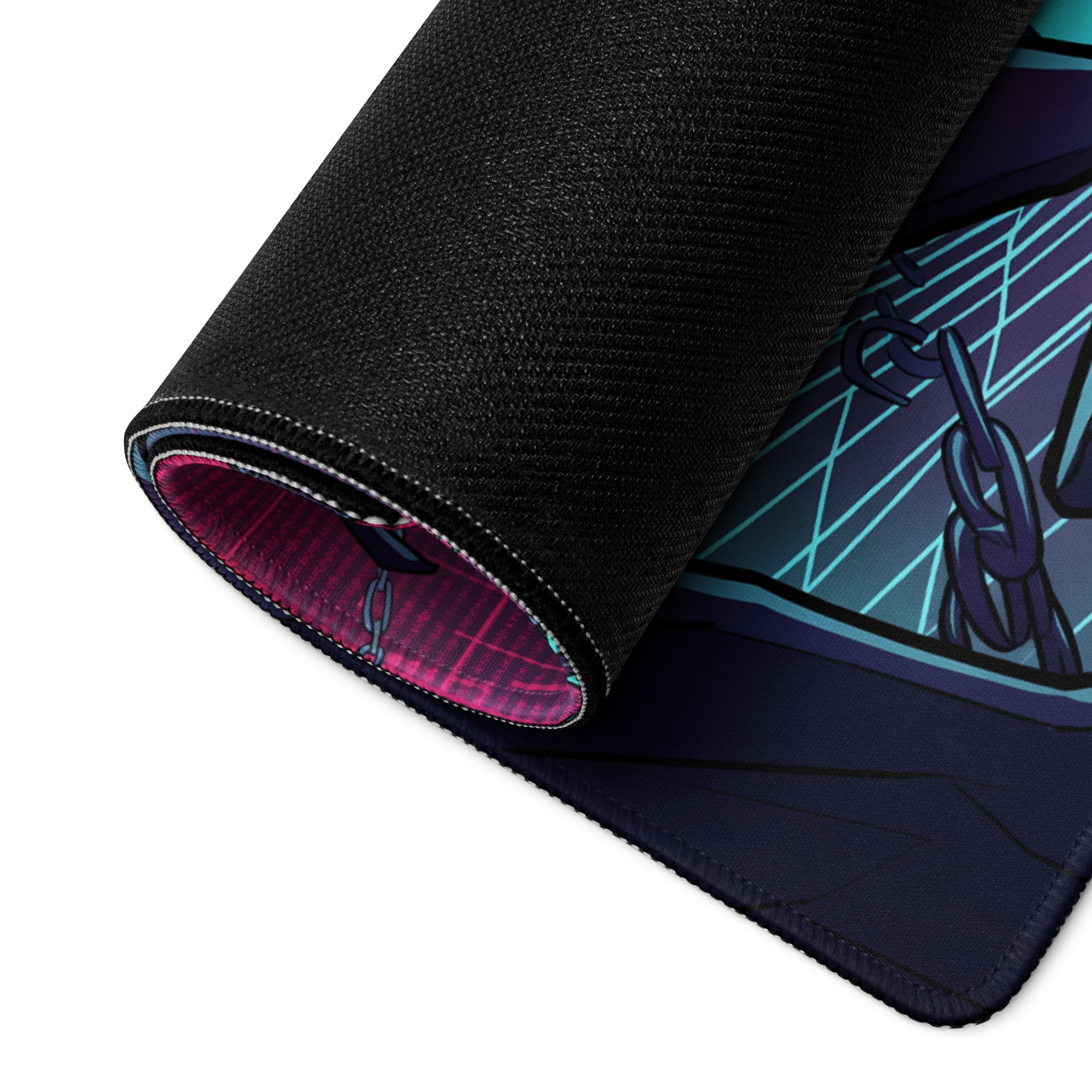 A rolled-up black neon vaporwave mouse pad with vibrant purple and teal chain graphics for gaming desks