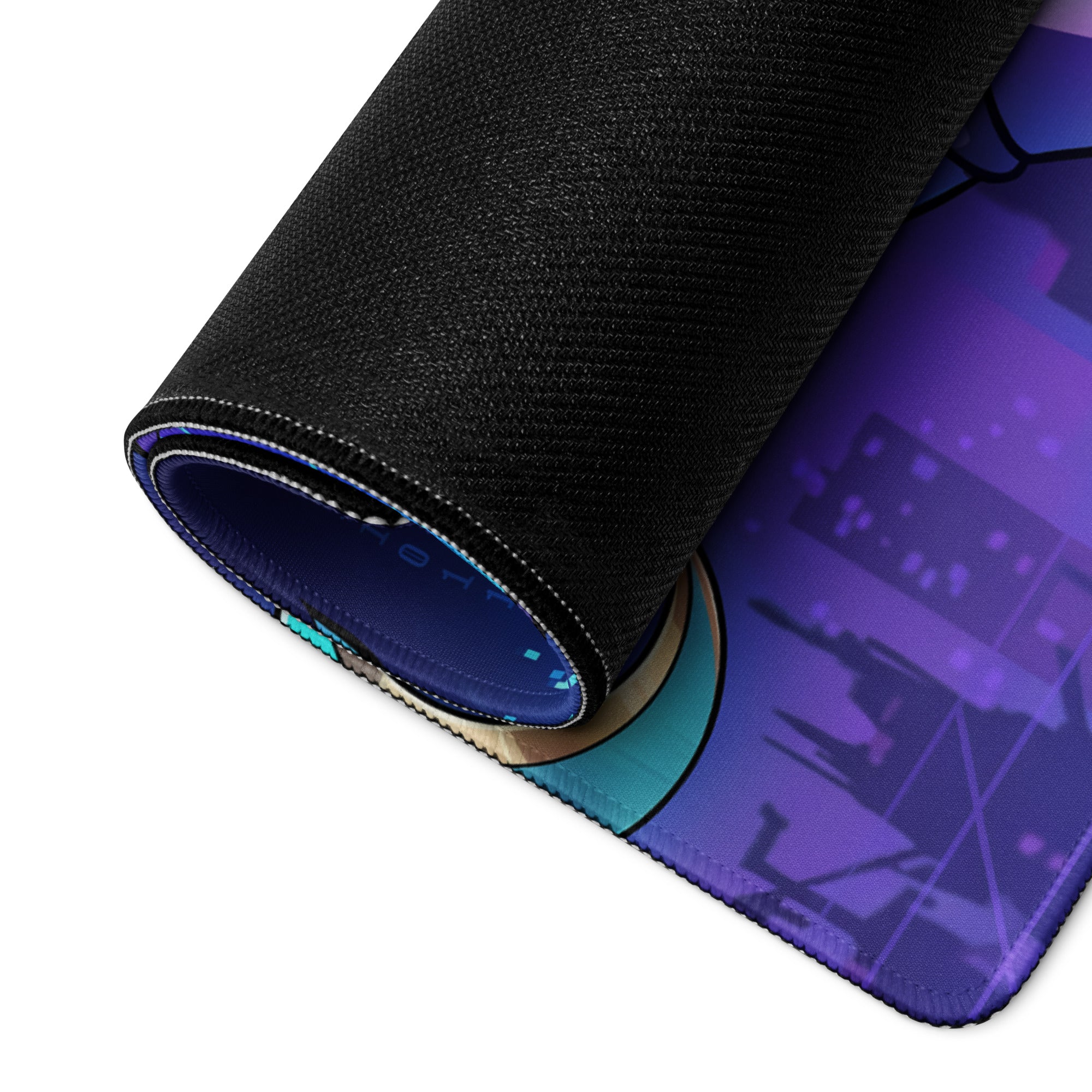 A rolled-up black gaming mousepad featuring a vibrant purple and teal vaporwave neon anime cityscape design