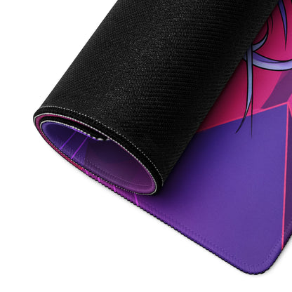 Rolled-up black gaming mousepad with a vibrant purple and pink anime warrior design for vaporwave desk setup