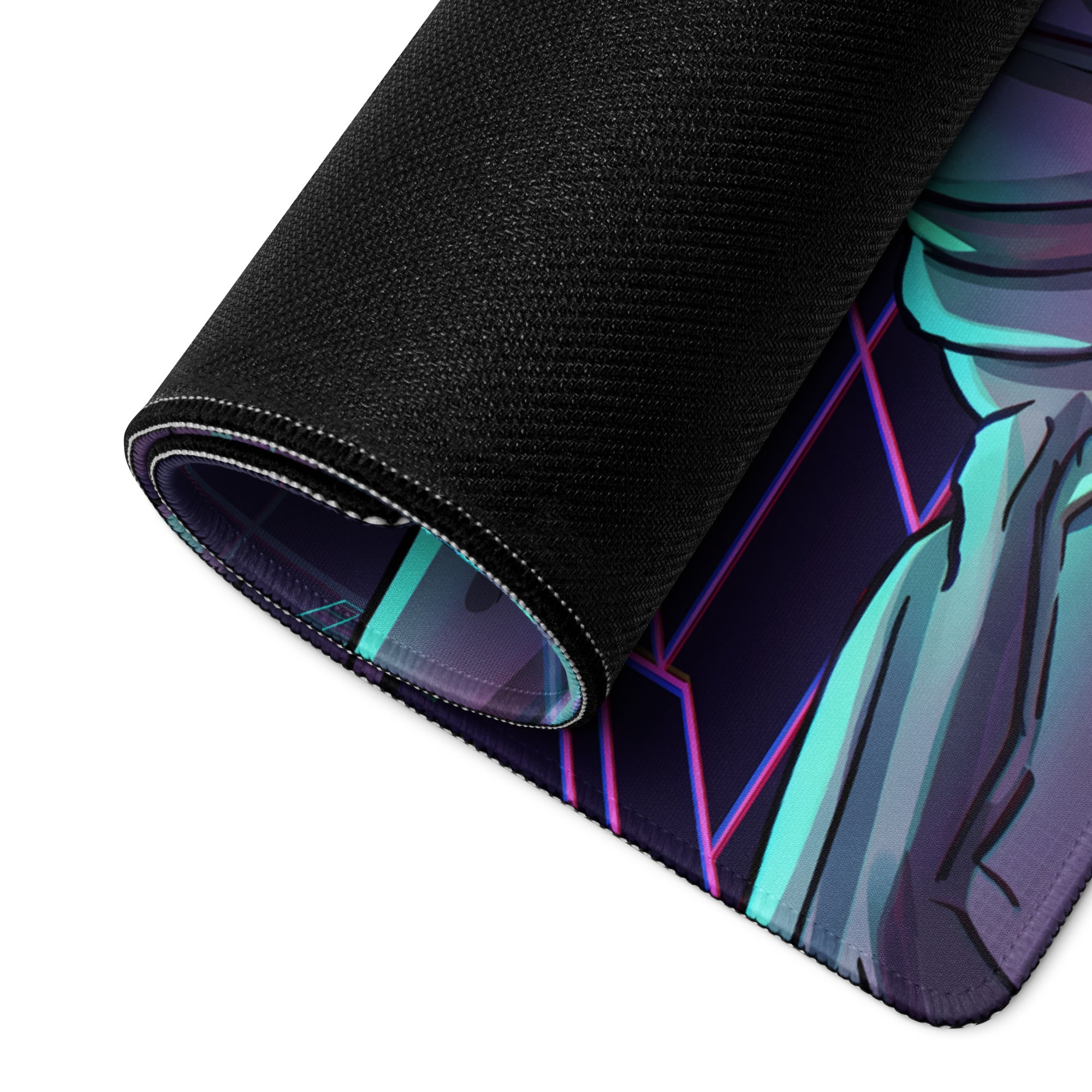 A rolled-up black gaming mousepad with vibrant anime-style design and neon teal magenta accents for vaporwave cyberpunk setup
