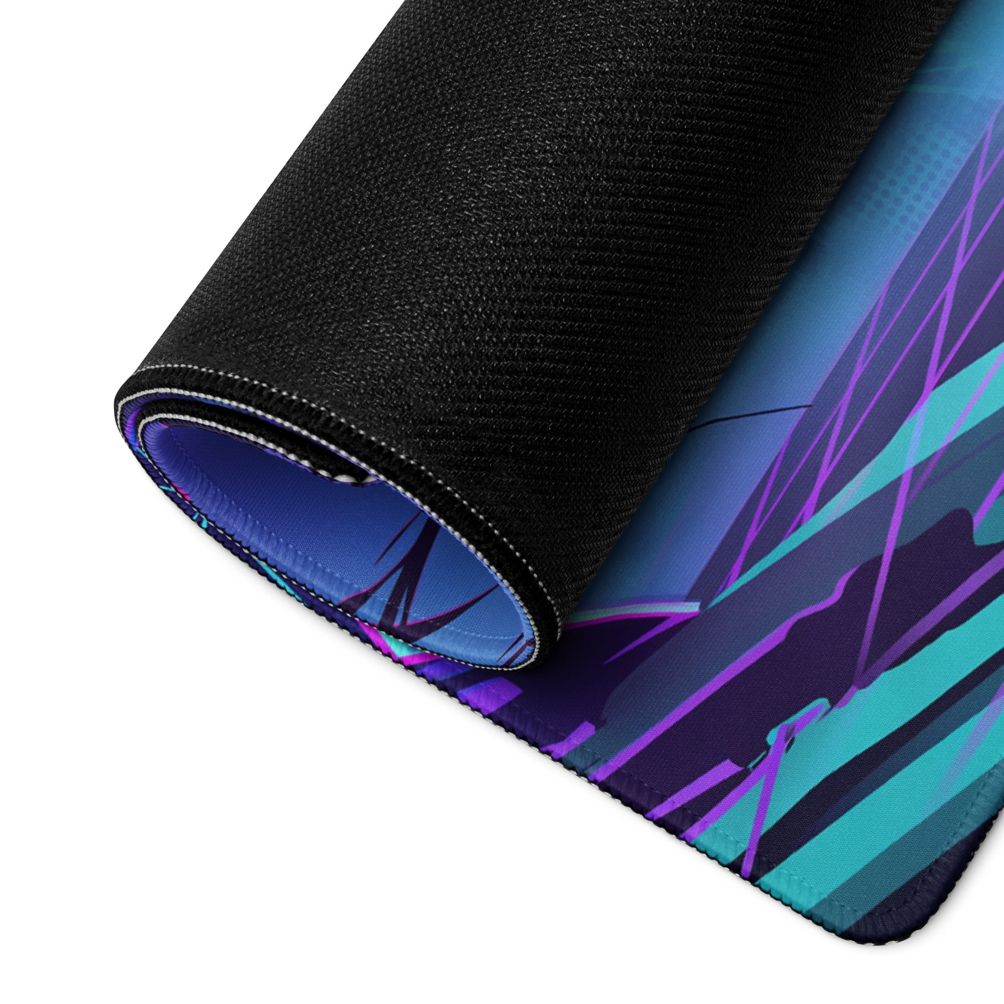 A rolled-up neon vaporwave gaming mousepad with vibrant blue purple and teal abstract design for cyberpunk decor
