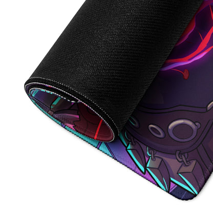 A rolled-up black large neon vaporwave anime mouse pad with vibrant neon purple and teal cartoon design