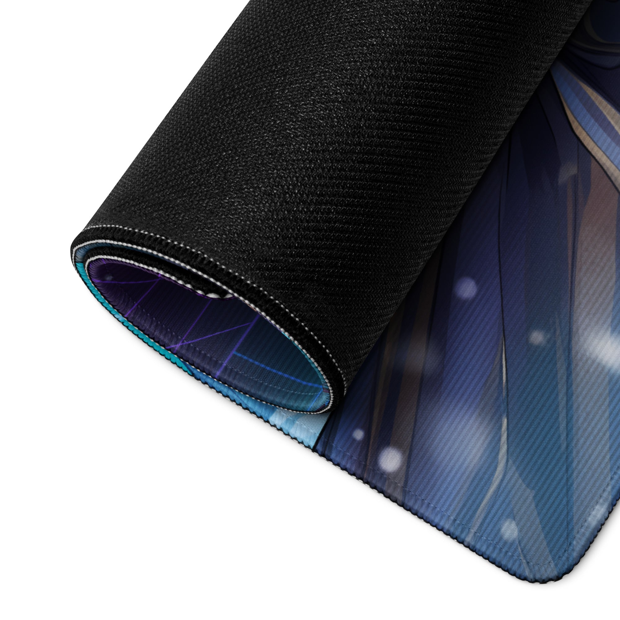 Black textured mousepad with vibrant blue and purple vaporwave neon warrior anime-style illustration for gaming desks