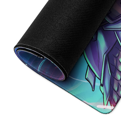 A rolled-up black gaming mouse pad with vibrant anime character design featuring purple and teal neon vaporwave accents