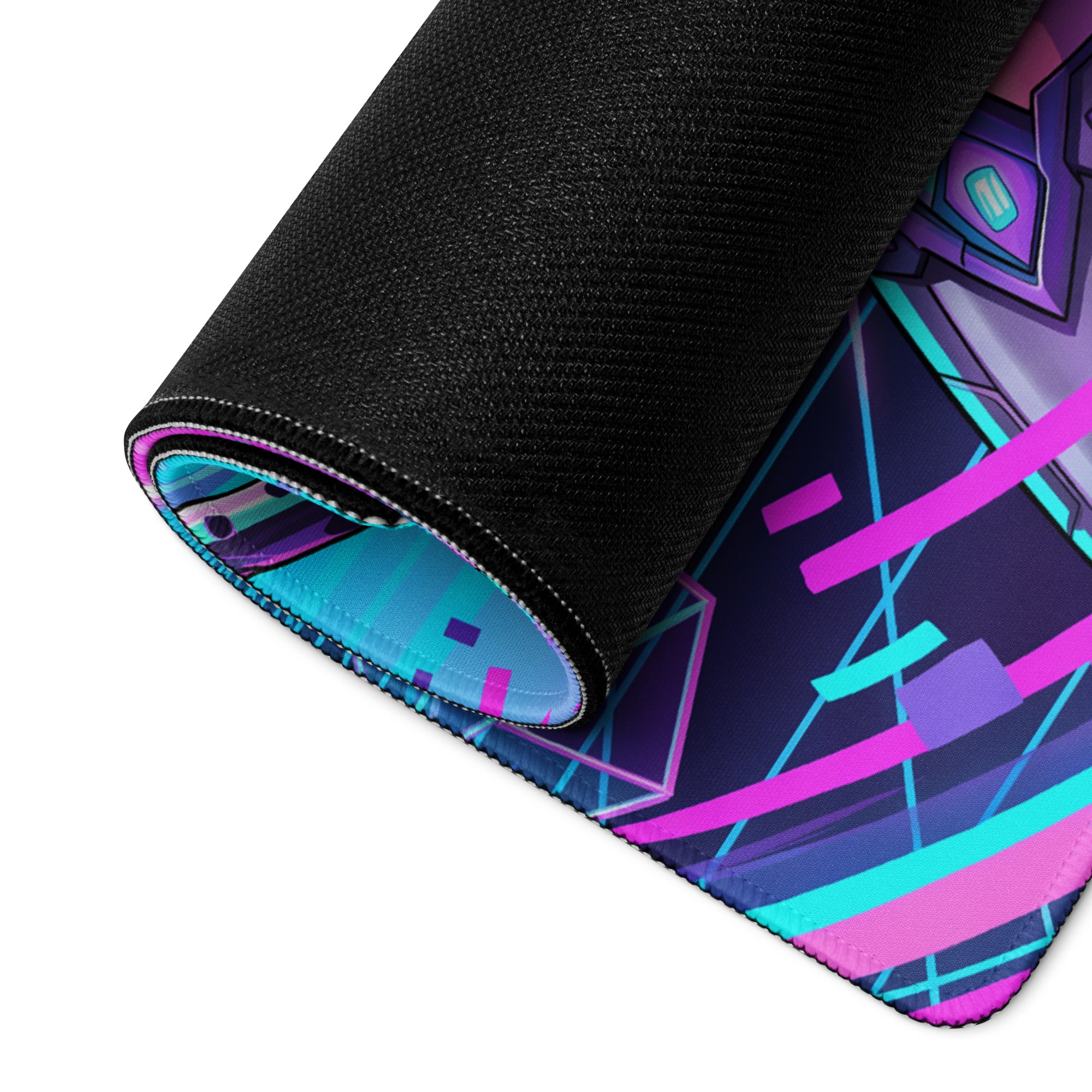 A rolled-up vaporwave neon warrior gaming mousepad with vibrant purple pink and teal geometric design on dark background