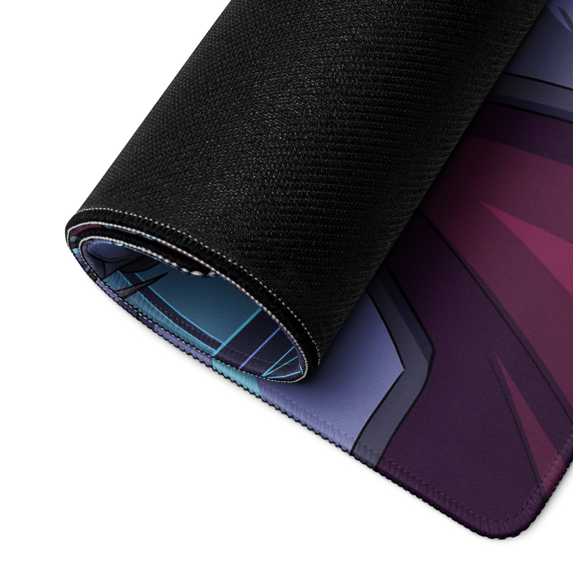 Rolled-up black vaporwave neon knight gaming mouse pad with vibrant purple and blue anime-style graphic design