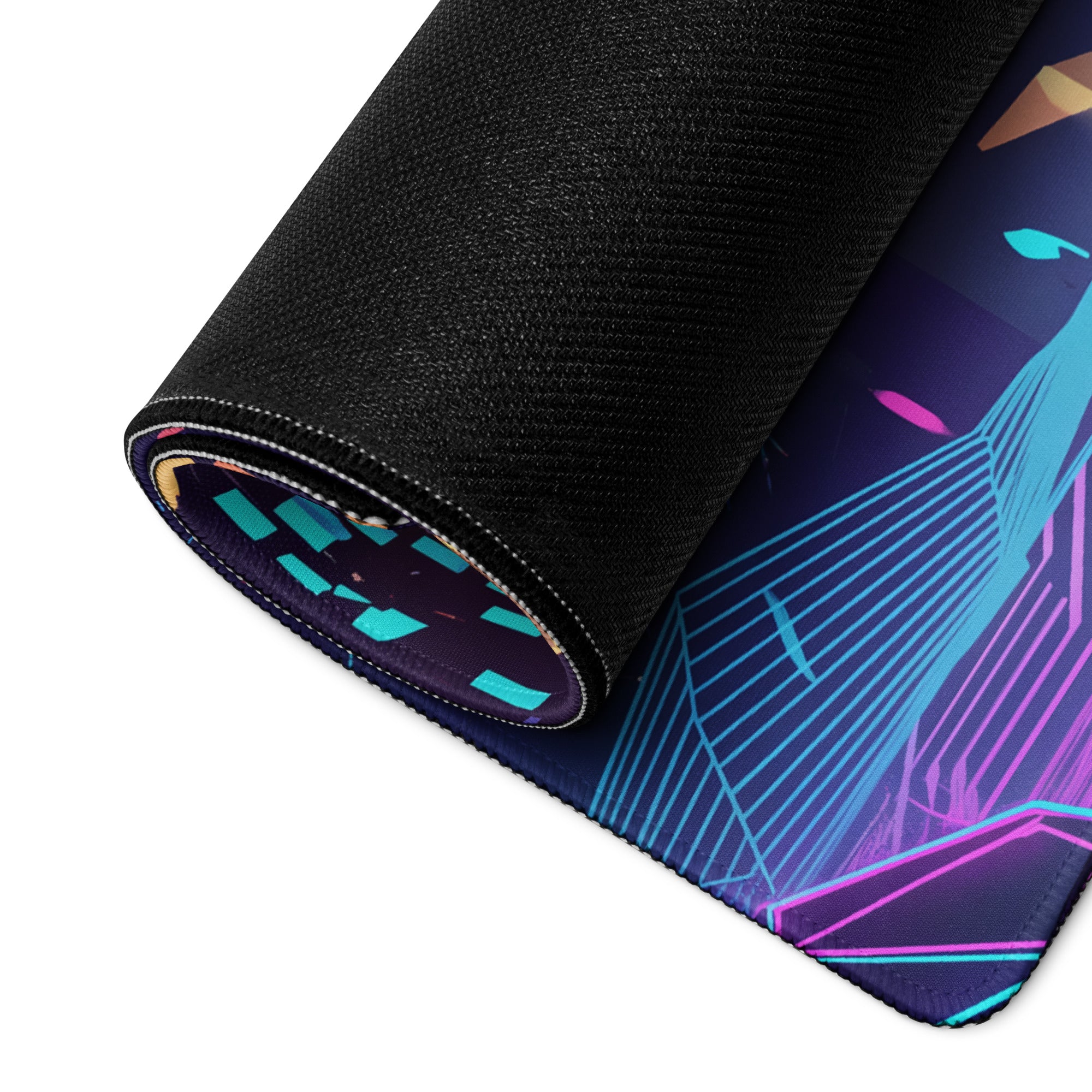 A rolled-up neon vaporwave gaming mouse pad with vibrant blue purple and teal geometric design on dark material