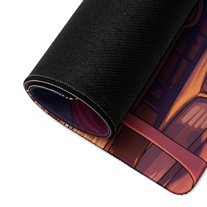 Black fabric mousepad with rolled edge featuring warm-toned wooden beams and glowing orange light design vaporwave style