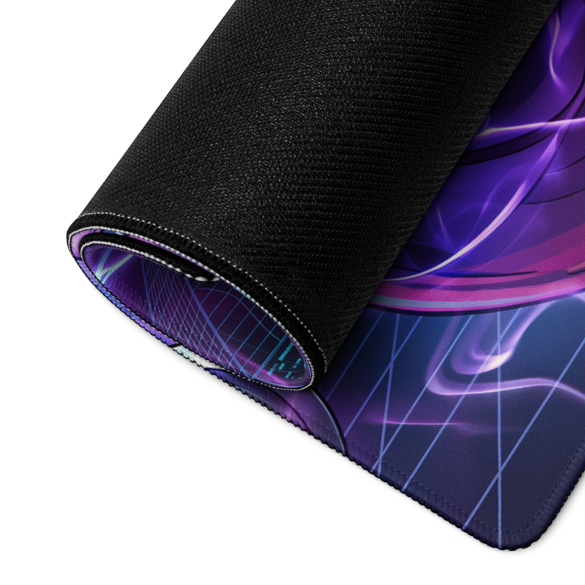 A rolled-up vaporwave neon mage gaming mousepad with vibrant purple and blue digital design and black fabric edges