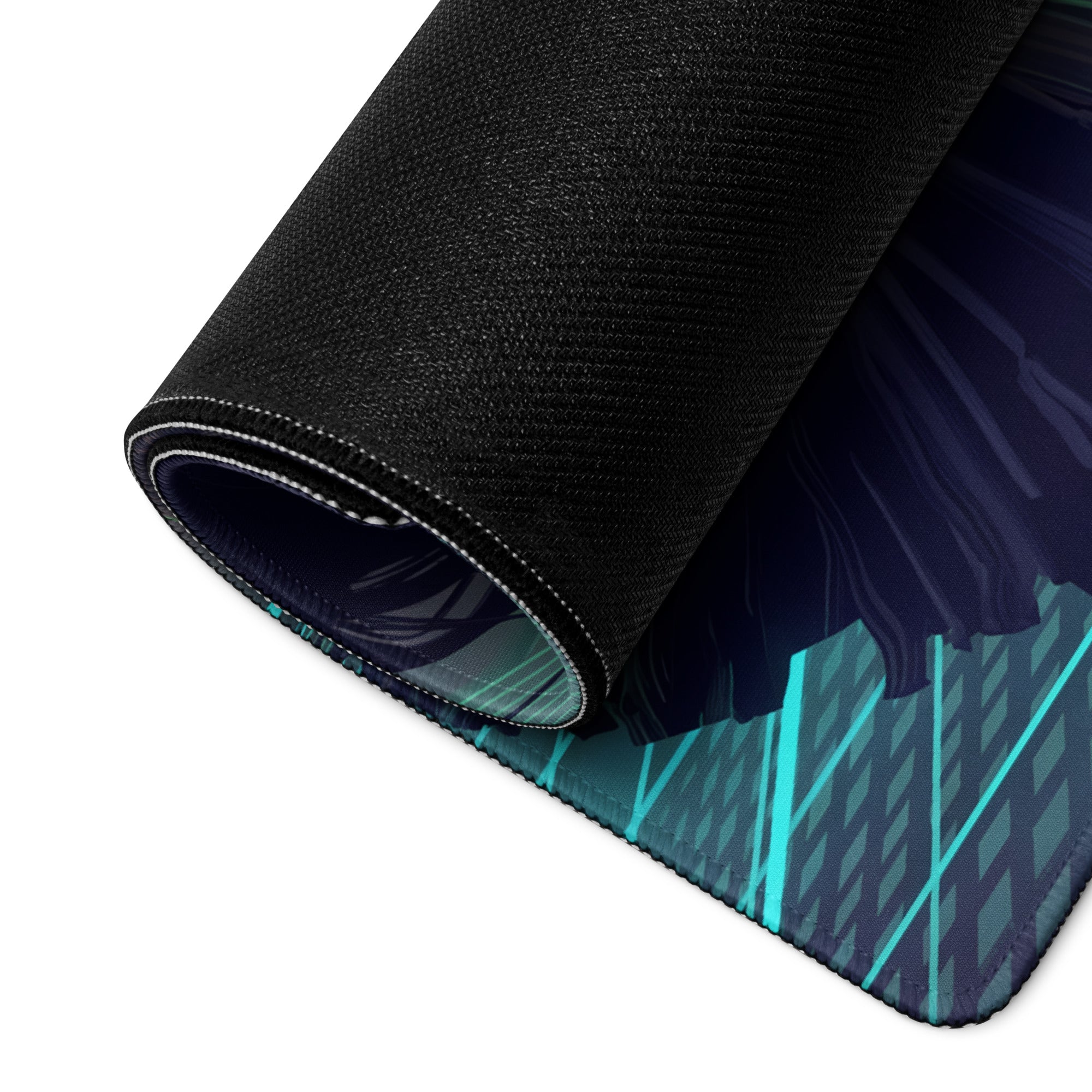 Black rolled gaming mousepad with vibrant teal and dark blue futuristic cityscape vaporwave neon design