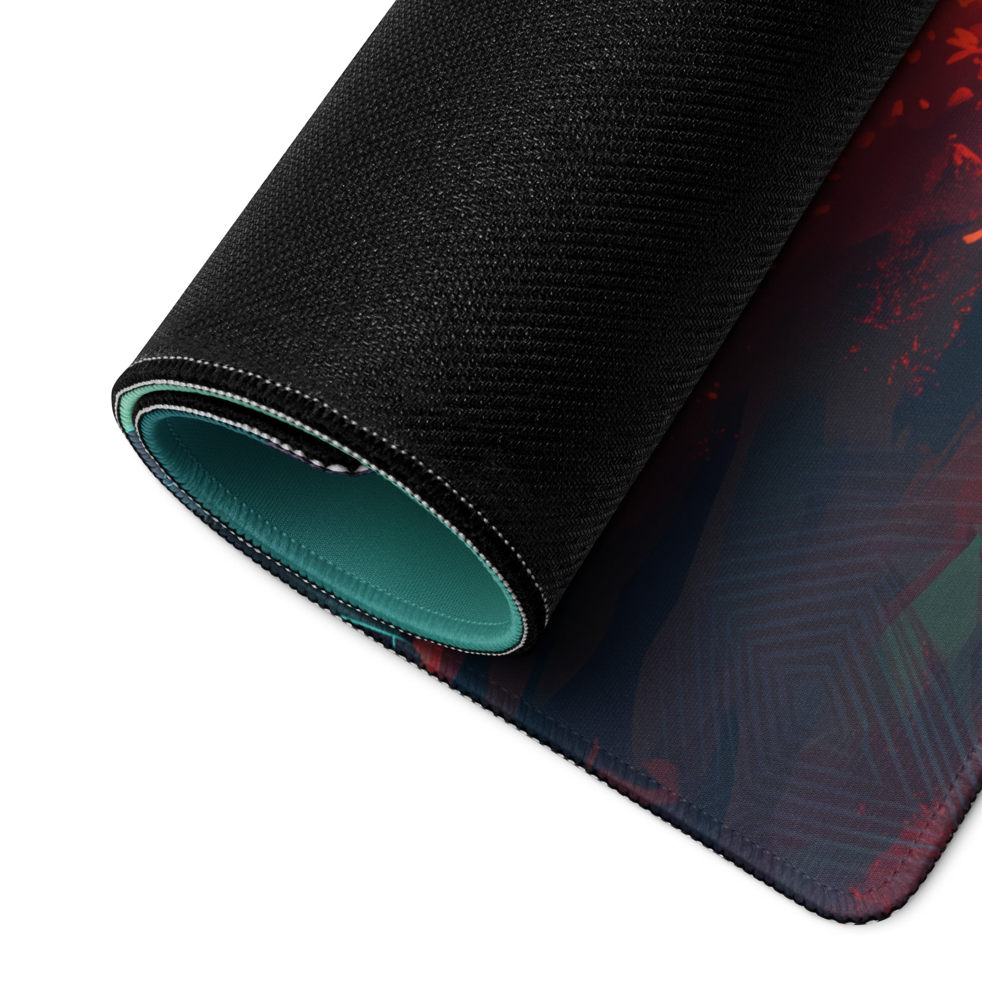 Black textured vaporwave mountain neon mouse pad with red teal abstract design and green inner lining rolled up