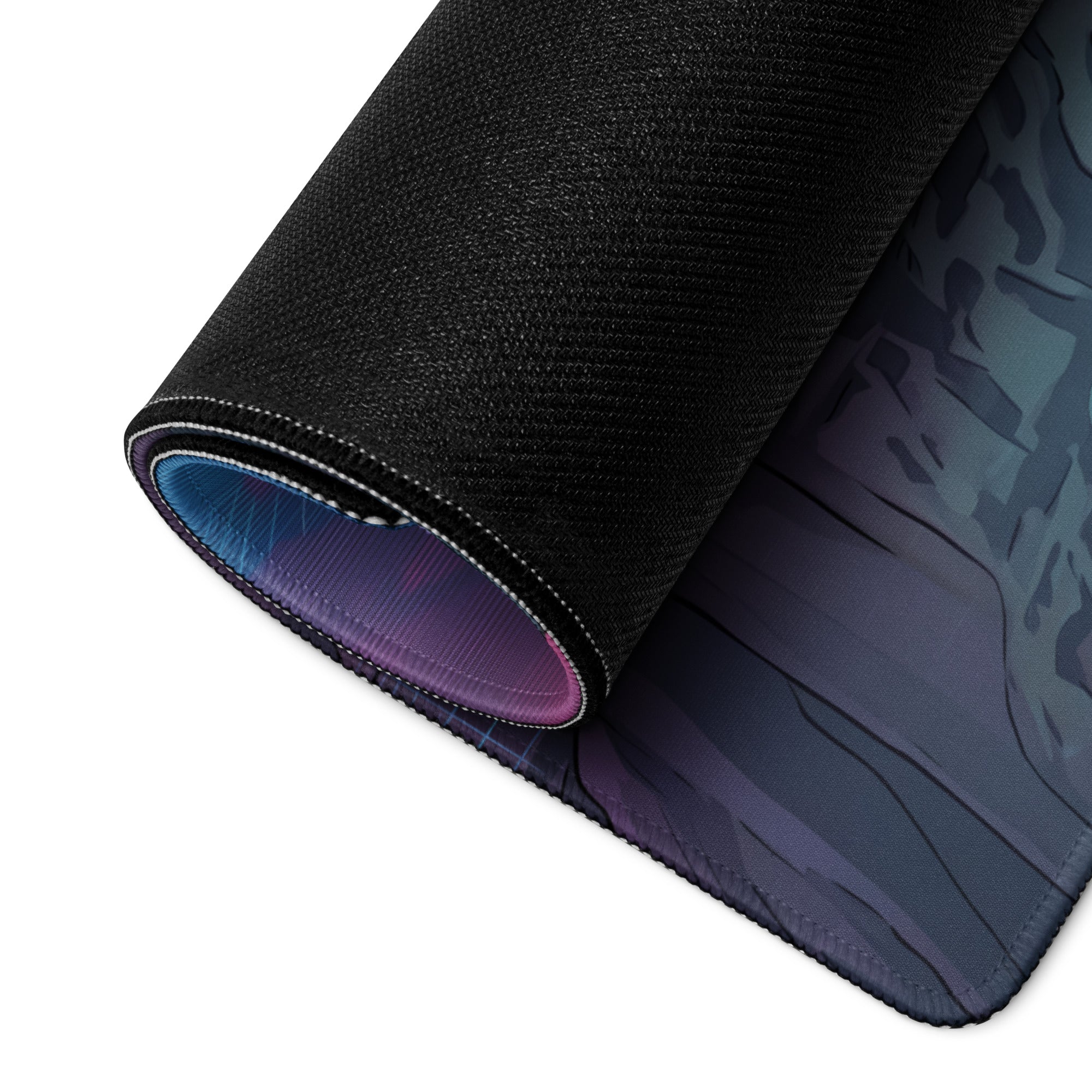 Neon mountain portal gaming mouse pad with dark blue and purple gradient surface and stitched edges for cyberpunk decor