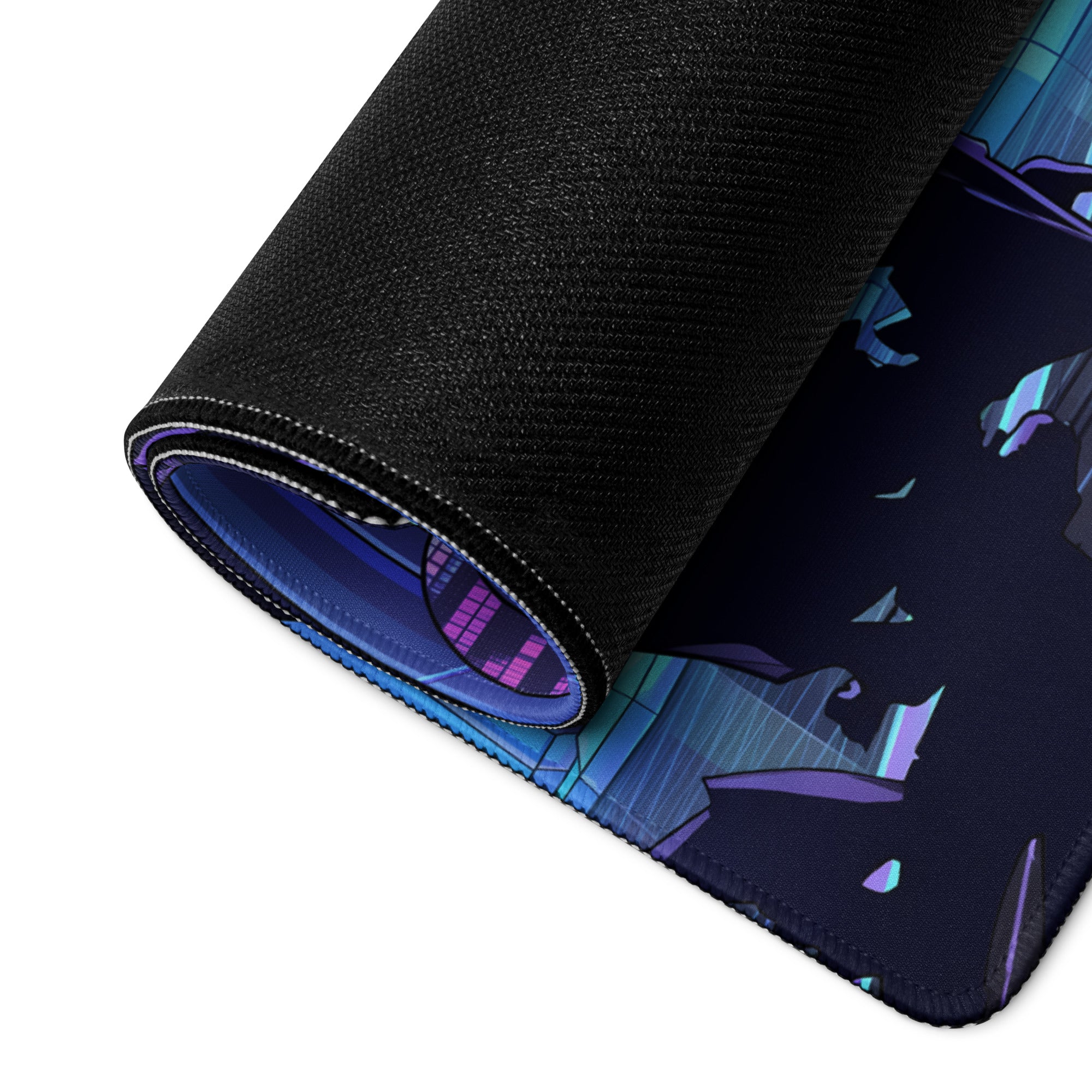 Black rolled gaming mousepad with vibrant blue and purple anime-style vaporwave neon cityscape design