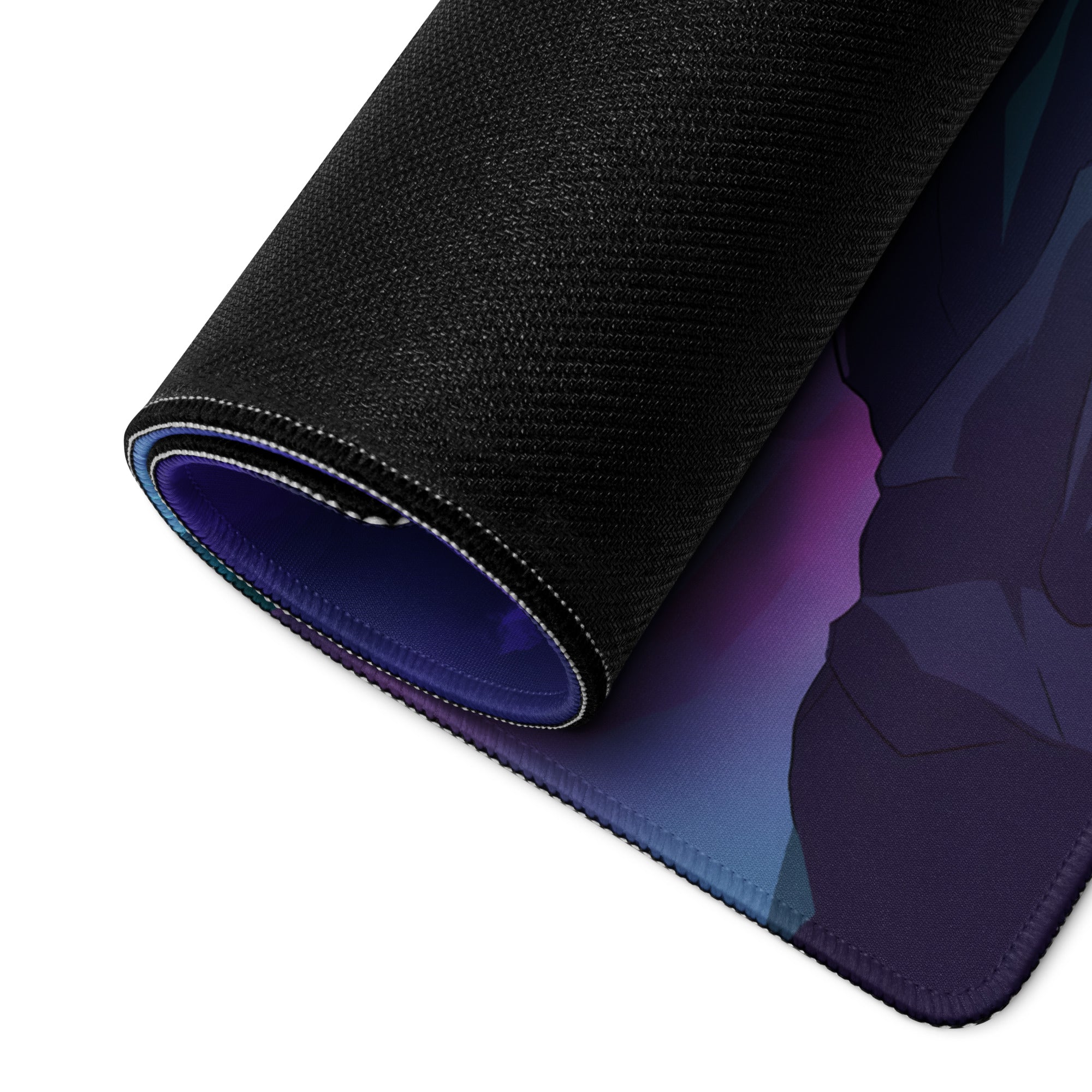 Black textured neon city vaporwave mouse pad with purple and blue gradient cityscape on unrolled edge