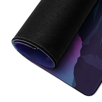 Black textured neon city vaporwave mouse pad with purple and blue gradient cityscape on unrolled edge