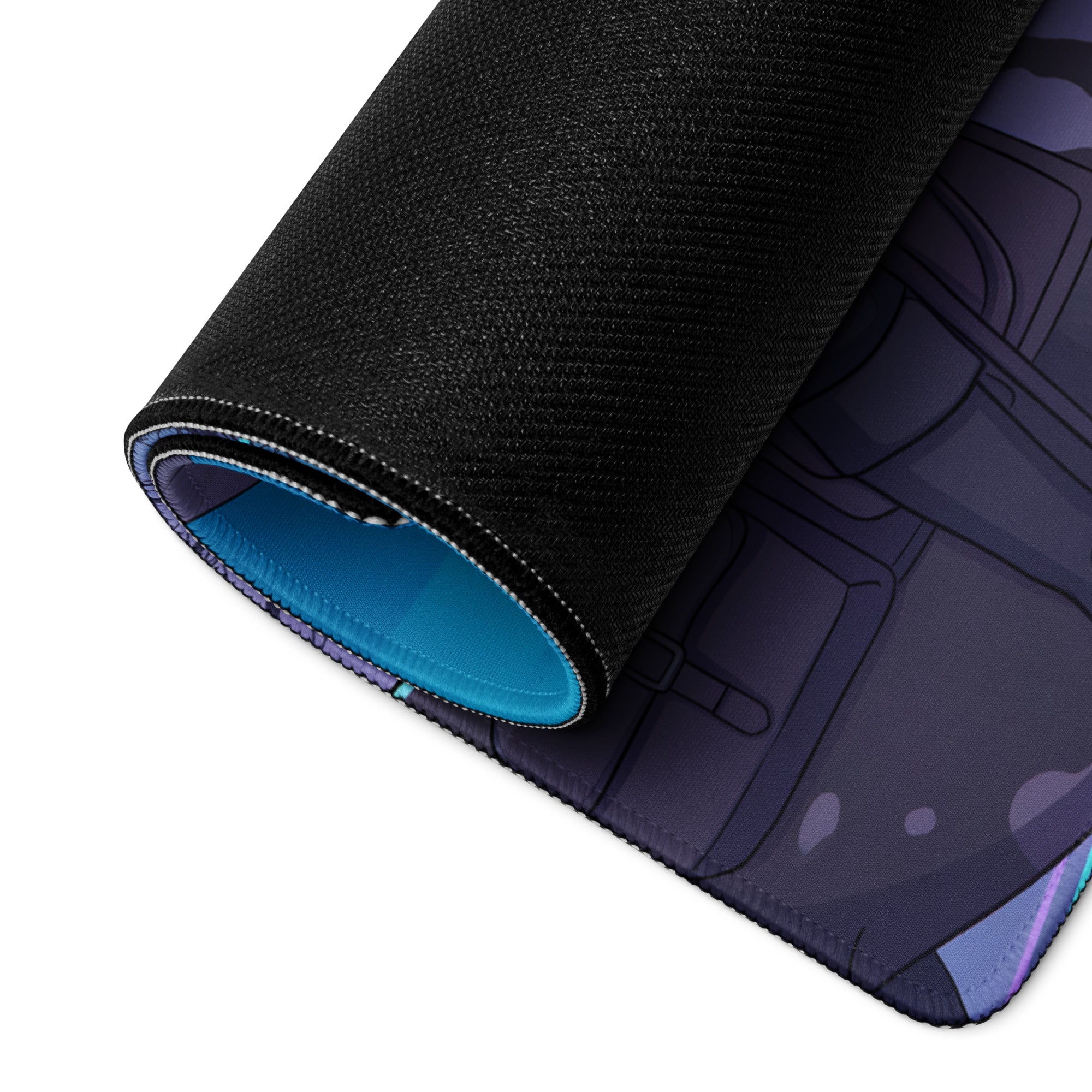 Black and blue gaming mousepad featuring a detailed anime style dragon rider design in vaporwave neon colors