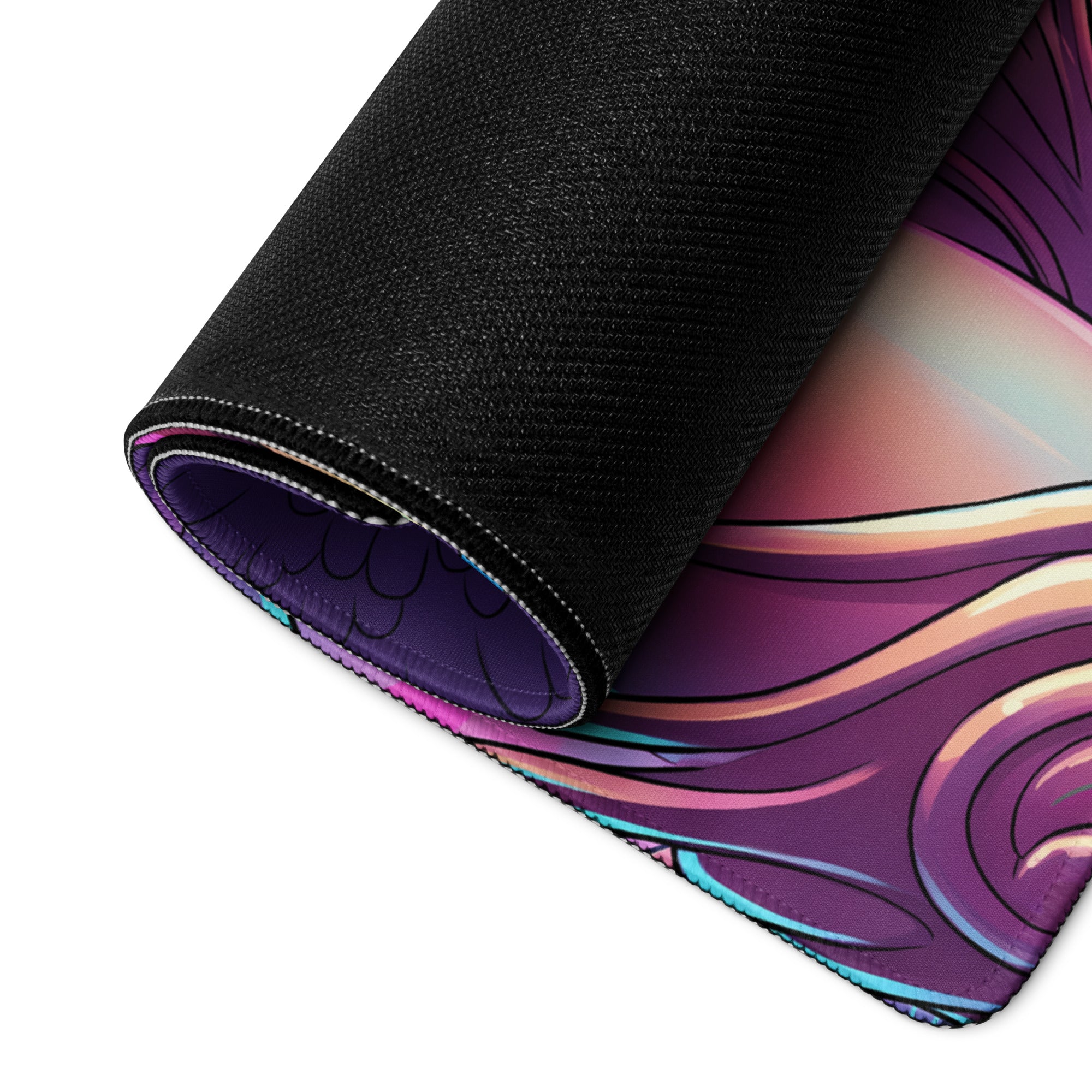 A rolled-up vaporwave winged warrior gaming mousepad with vibrant purple pink neon abstract design and black fabric edges