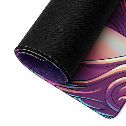A rolled-up vaporwave winged warrior gaming mousepad with vibrant purple pink neon abstract design and black fabric edges