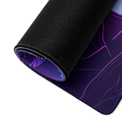 A rolled-up black gaming mousepad with a vibrant purple and blue vaporwave anime-style design surface