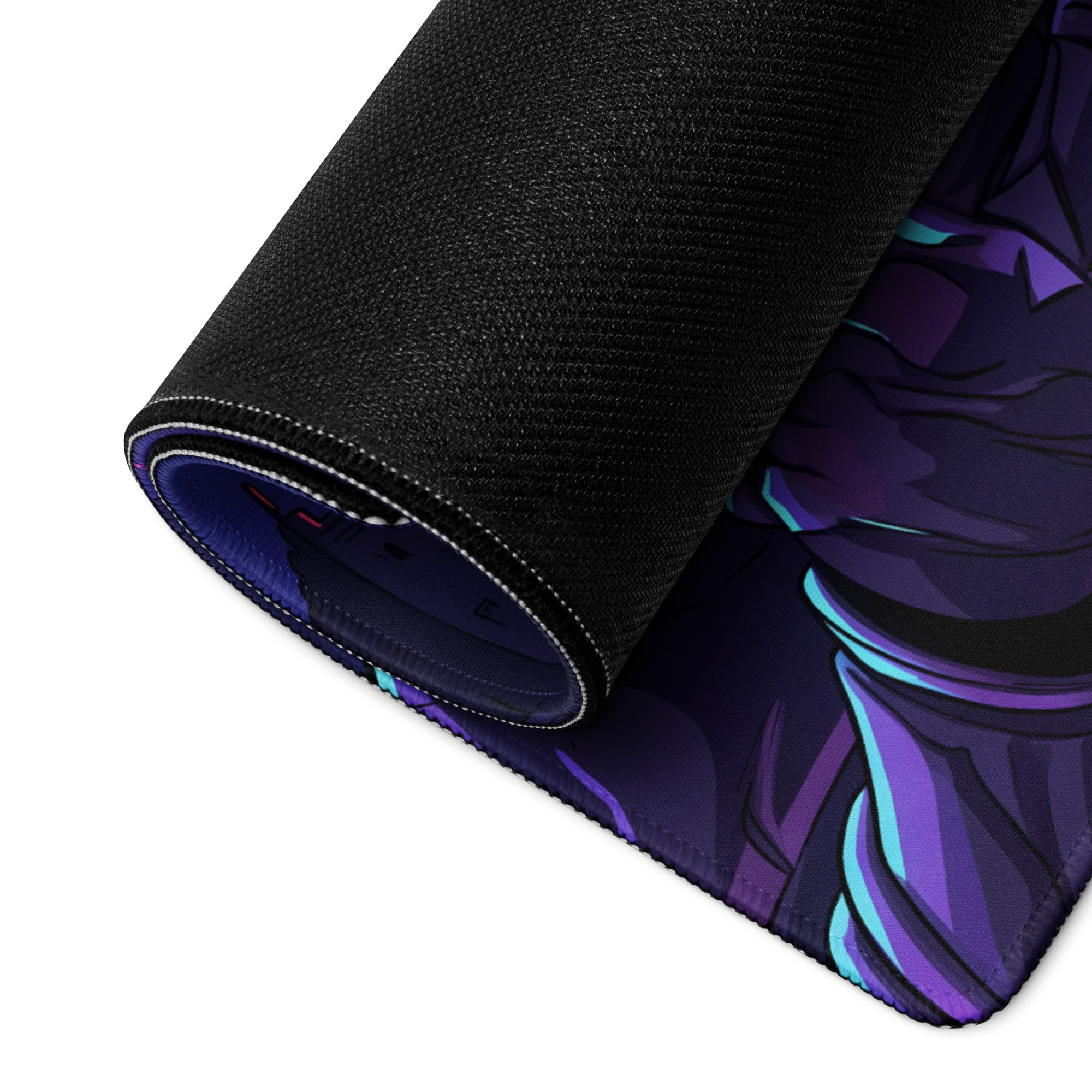 A rolled-up black gaming mousepad featuring vibrant purple and teal neon vaporwave samurai anime art design