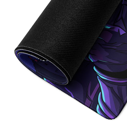 A rolled-up black gaming mousepad featuring vibrant purple and teal neon vaporwave samurai anime art design