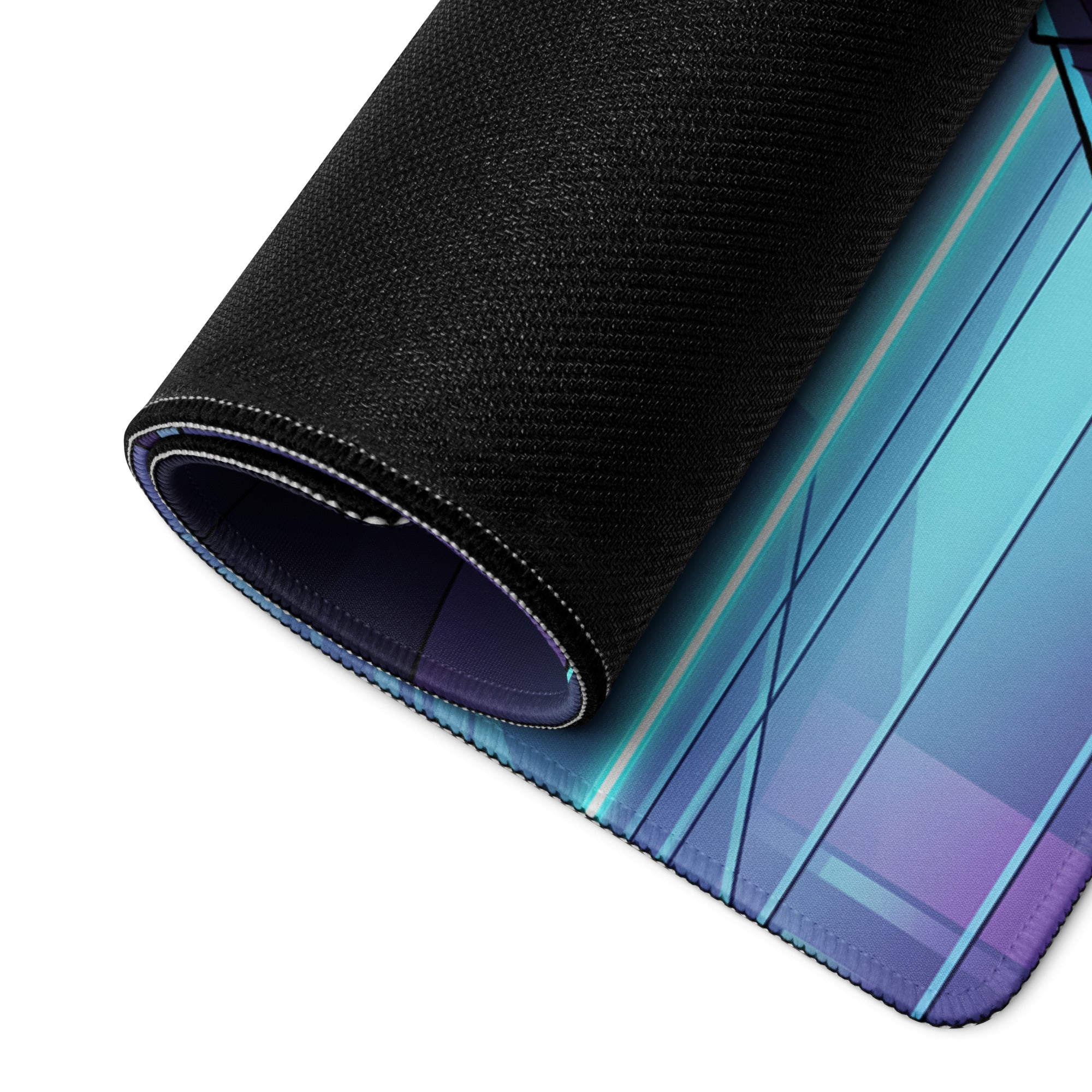 A rolled-up neon knight vaporwave gaming mouse pad with a sleek black texture and blue teal purple gradient stripes