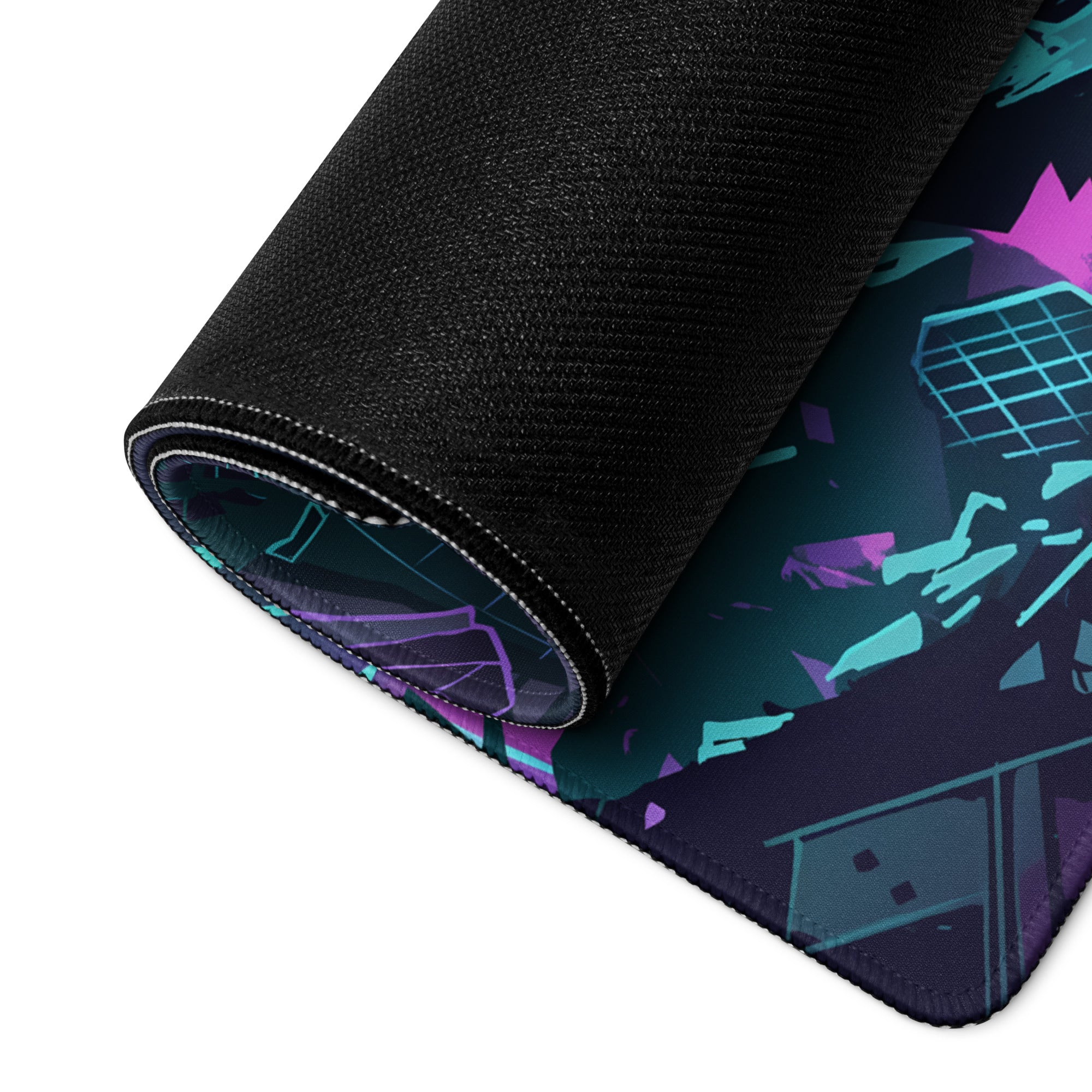 A rolled-up vaporwave neon city mouse pad with a black textured surface and neon purple teal pink geometric designs
