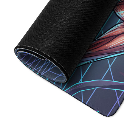 Black gaming mousepad with vibrant vaporwave neon zombie anime design featuring red and teal accents rolled to show texture