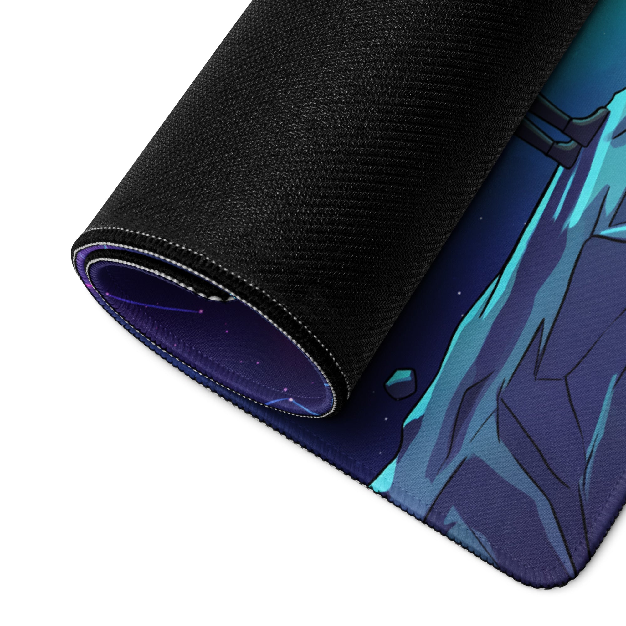 A rolled-up black gaming mousepad with a vibrant teal and purple anime design against a starry night sky background