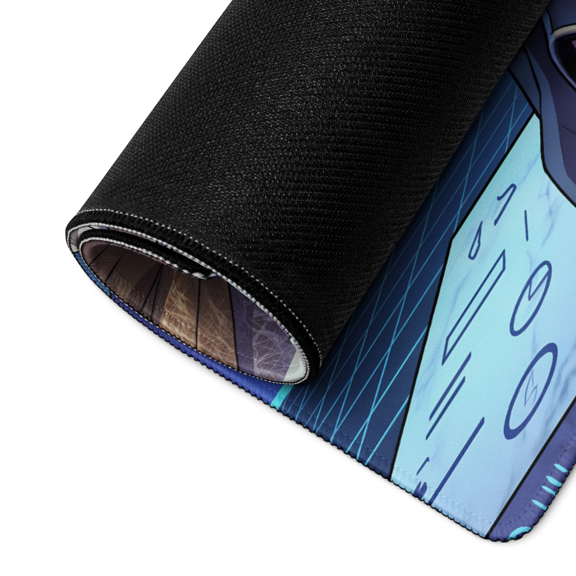 A rolled-up vaporwave angel flight gaming mousepad with dark blue and light blue geometric design and black stitched edges