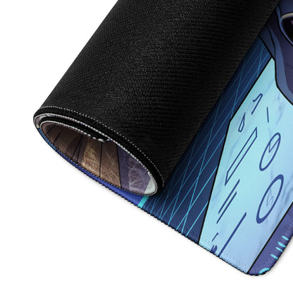 A rolled-up vaporwave angel flight gaming mousepad with dark blue and light blue geometric design and black stitched edges