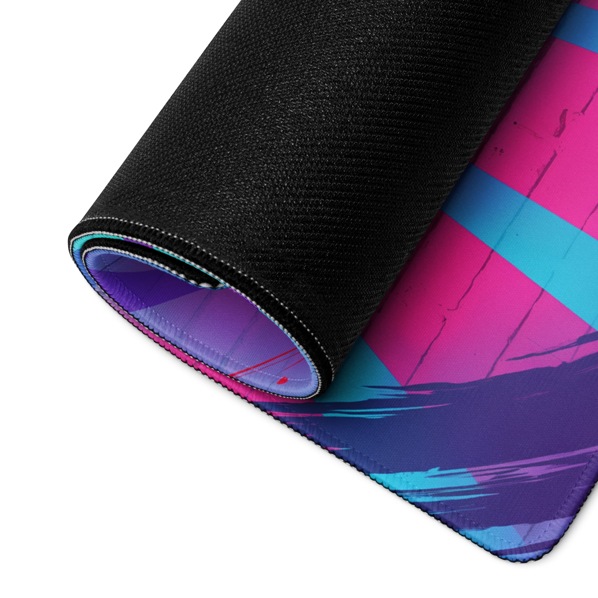 A rolled-up vaporwave neon dragon gaming mouse pad with vibrant pink purple and blue gradient digital art design