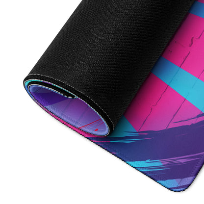 A rolled-up vaporwave neon dragon gaming mouse pad with vibrant pink purple and blue gradient digital art design