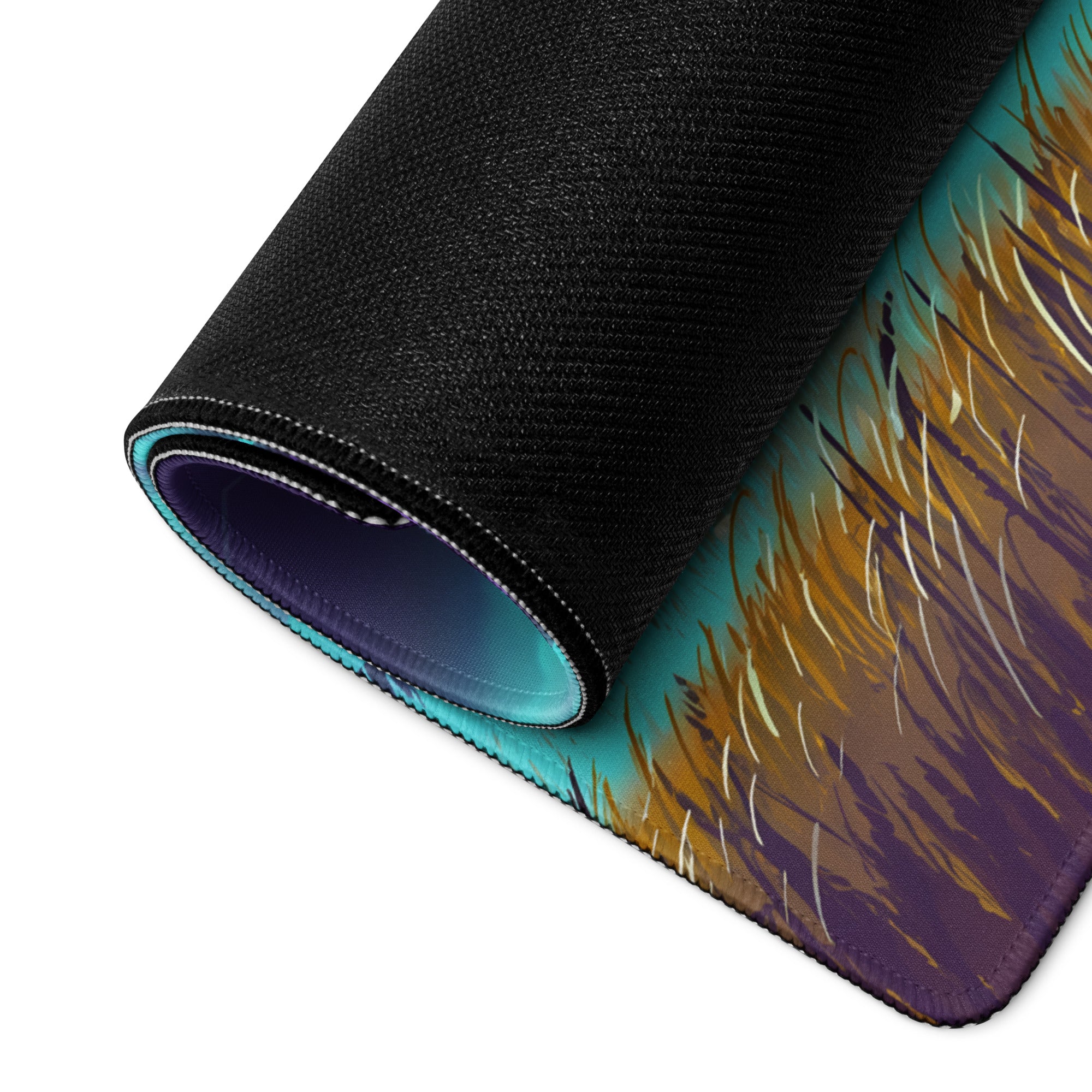 A rolled-up vaporwave neon galaxy gaming mousepad with vibrant teal gold and purple abstract feather design